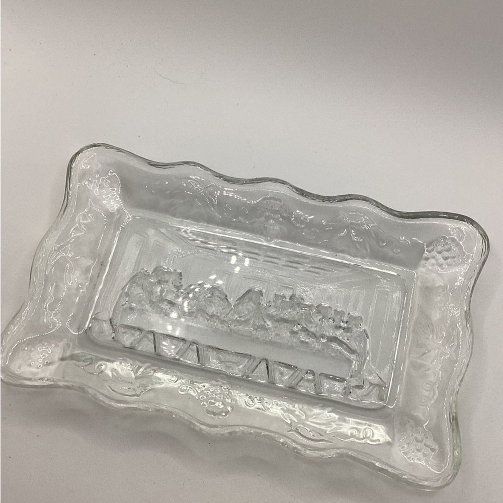 Vintage Indiana Glass Tiara Embossed Clear Glass Trinket Dish THE LAST SUPPER